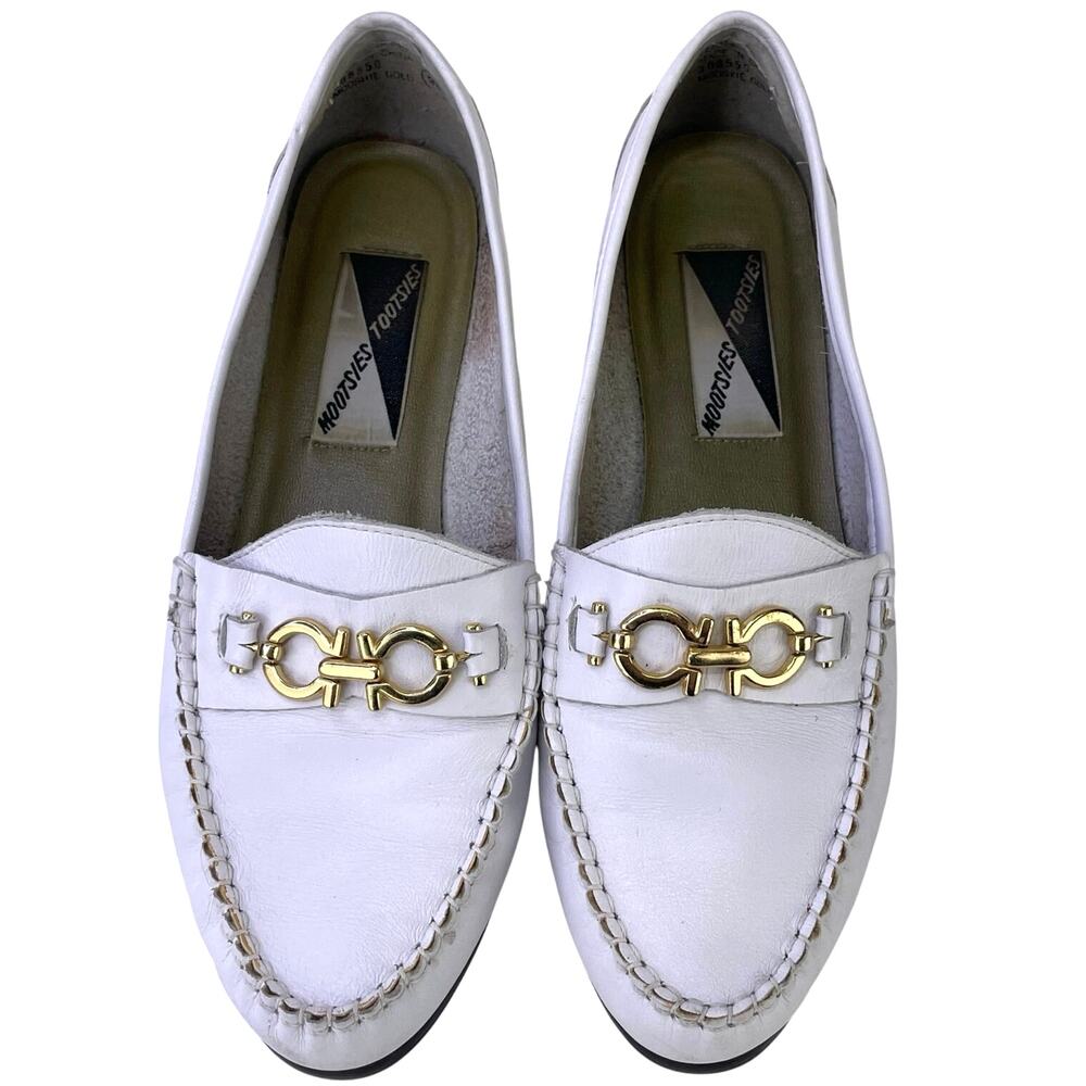Mootsies Tootsies Mooshie Gold Womens White Leather Loafers Flats Classic  Sz 9